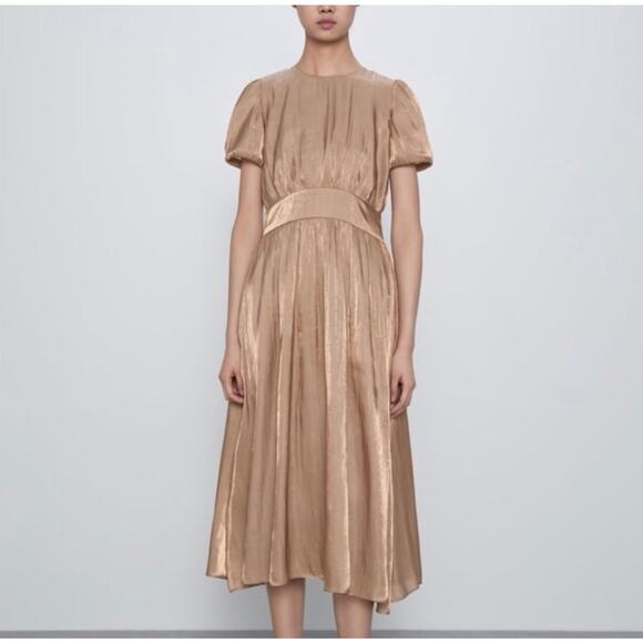 Zara Dresses & Skirts - Zara Brown Metallic Puff Short Sleeve Dress Size M Medium